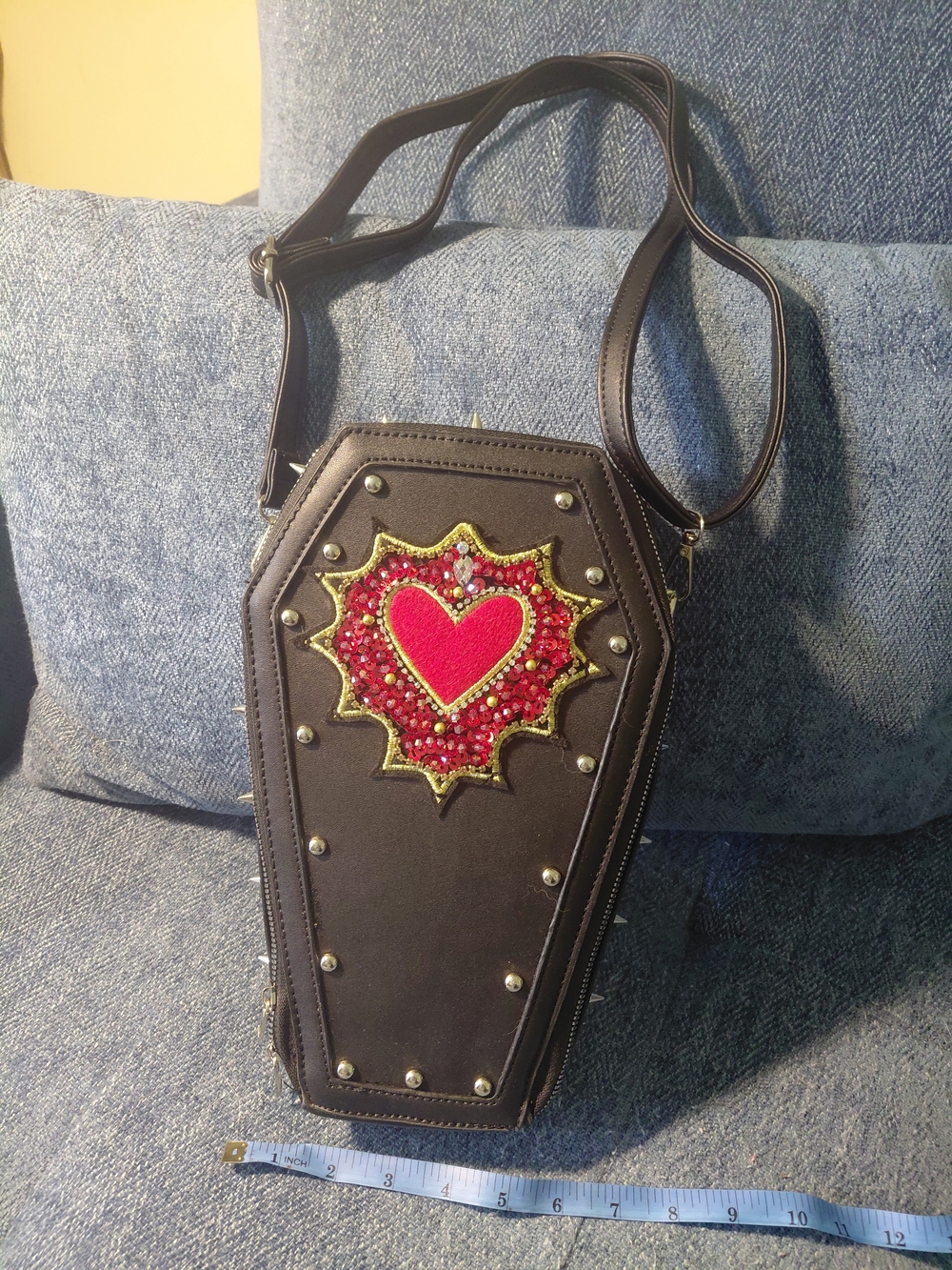 Embellished Coffin Crossbody Bag with Red Heart Accent